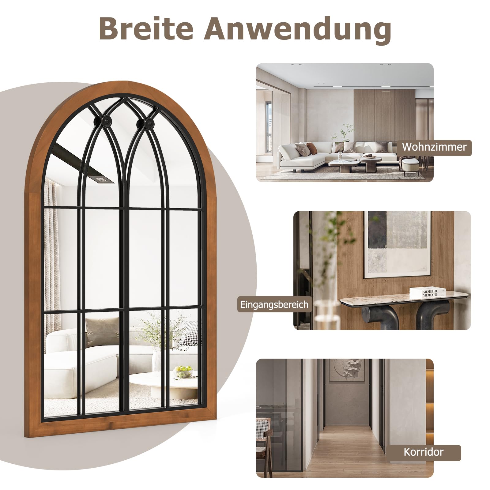 GOPLUS Lustro ścienne o wyglądzie okna, 90 x 60 cm, sklepione lustro wiszące z metalową ramą i hakami do zawieszania, lustro okienne do salonu, łazienki i korytarza, naturalne