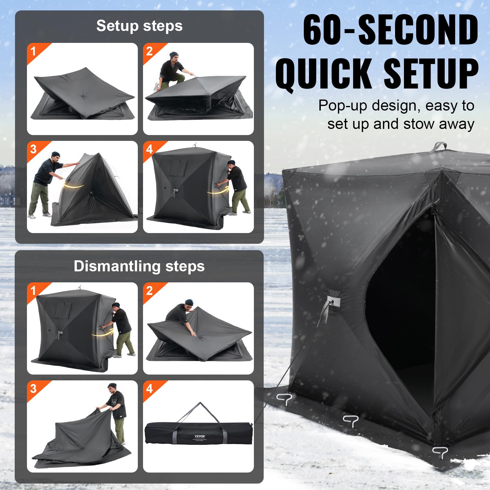 VEVOR Portable Pop-Up Ice Fishing Tent, 1-8 Person Insulated Ice Shelter, Large Fishing Area, Hub-Style Ice Shanty for Winter Fishing, Waterproof Oxford Ice Cube with Anchors/Ropes/Carrying Bag