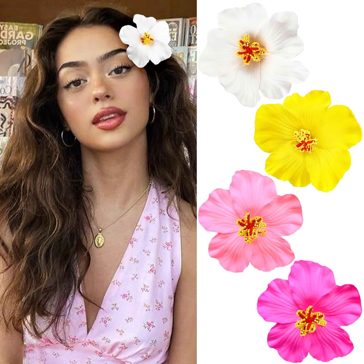 4Pcs Hawaiian Flower Hair Clips for Women,Plumeria Hibiscus Hair Clips Rose Hair Barrettes 3.5 Inch Artificial Flower Clips,Hair Accessories for Vacation Beach Party, Boho Clips for Girls Wedding Floral