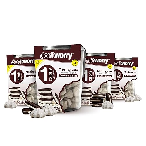 Don't Worry Low Calorie Meringue Cookies - 4 Pack - Cookies & Cream, Just 1 Calorie per Piece | Low Sugar Candy, Gluten Free, Protein Snacks | Keto Friendly and Healthy Snacks for Adults - Cookies & Cream - 1 Count (Pack of 4)