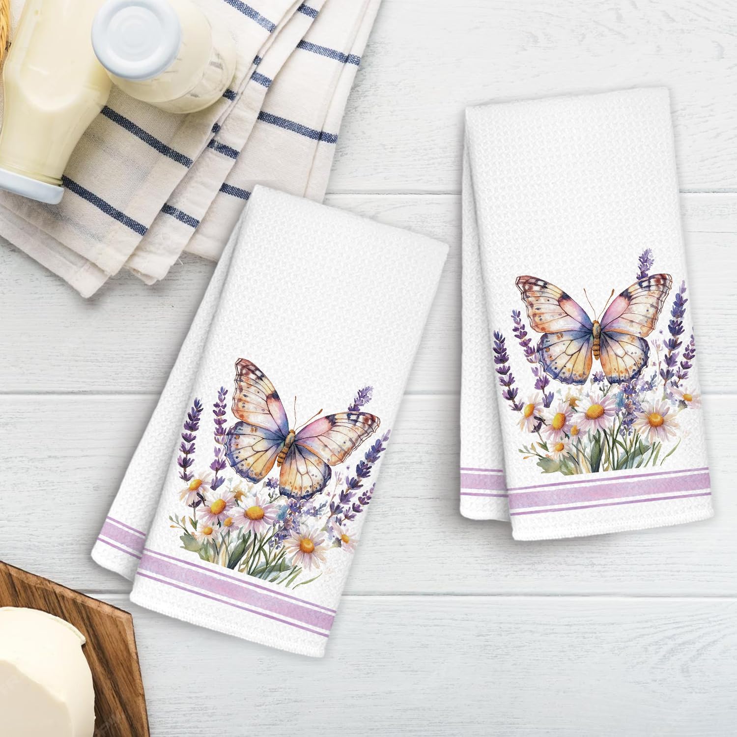 Purple Butterfly Floral Kitchen Towels, Farmhouse Botanical Decorative Hand Towels for Bathroom, Rustic Cottagecore Butterfly Flower Dish Towel, 16x24 Inches Set of 2 - Image 5