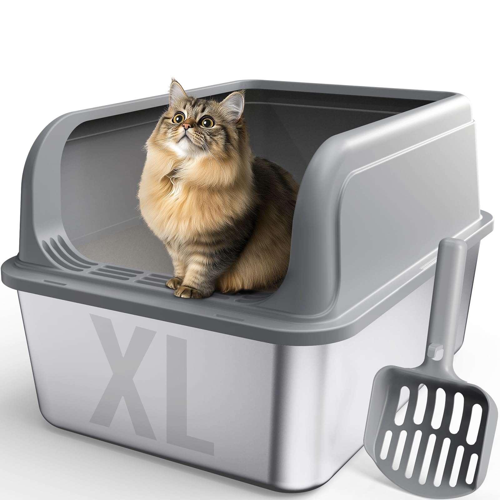 Caja de arena para gatos de acero inoxidable, caja de arena metálica para gatos con cuchara, entrada superior antifugas, no pegajosa, fácil de