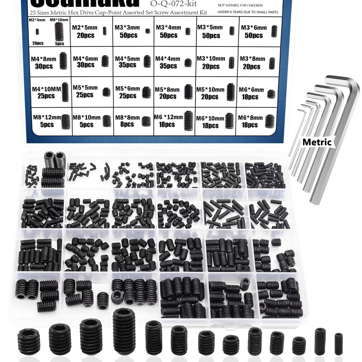 620Pcs M2, M3, M4, M5, M6, M8 Metric Hex Socket Head Cup Point Set Screws (Black),25 Size 12.9 Class Alloy Steel Grub Screw Assortment Kit with 6 Hex Wrenches for for Home Repairs & Fixtures