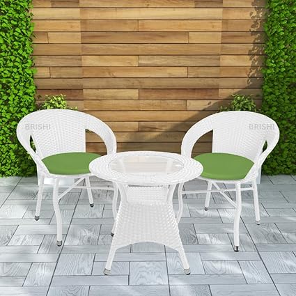 BRISHI Garden Patio Seating Chair and Table Set Outdoor Balcony Garden Coffee Table Set Furniture with 1 Table and 2 Chairs Set with Green Cushion (White)