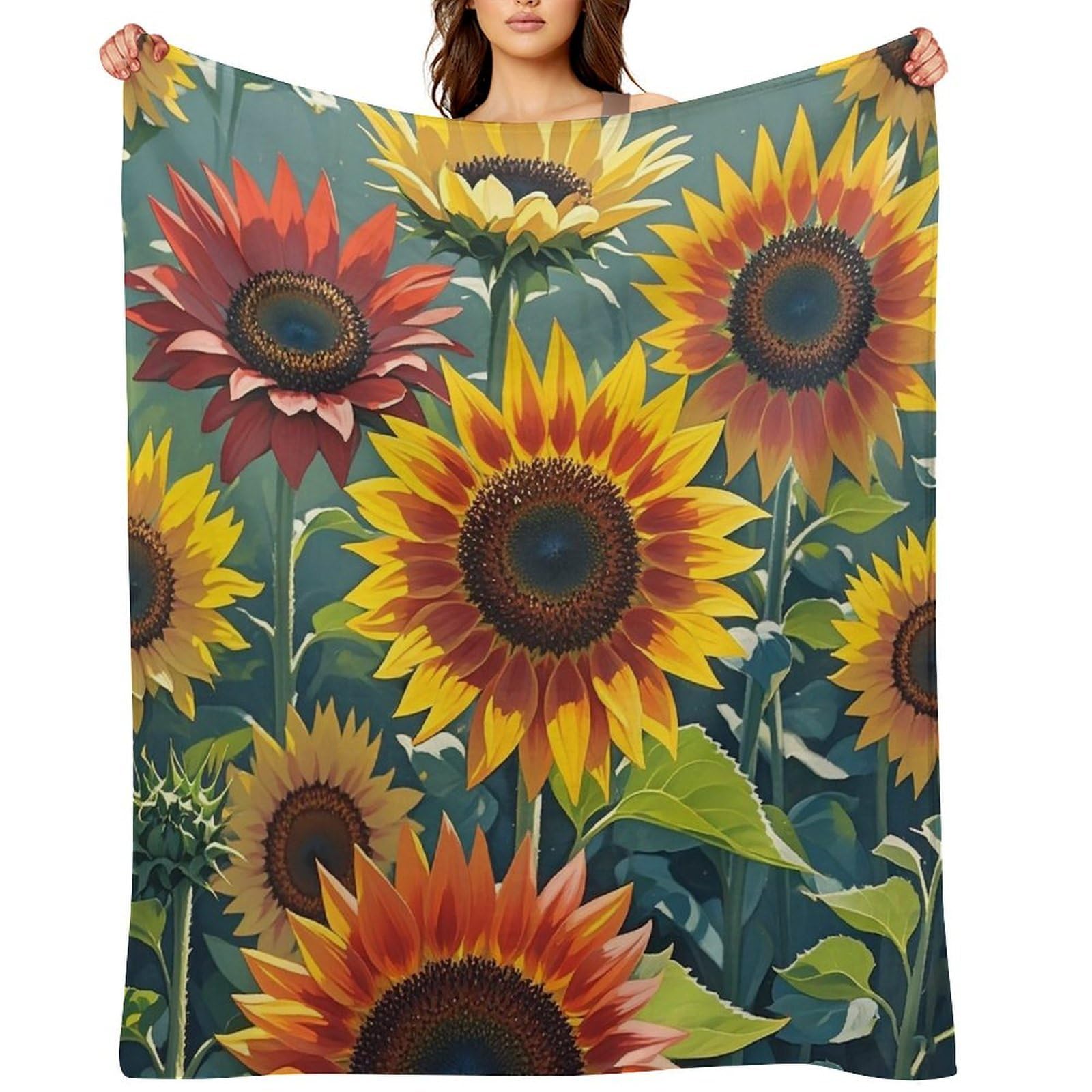 Red and Yellow Sunflowers Throw Blanket for Couch and Bed Super Soft Warm Lightweight Throw Blankets Cozy Fuzzy Flannel Blanket Personalized Decorative Blankets for Sofa Decor 60"x80"