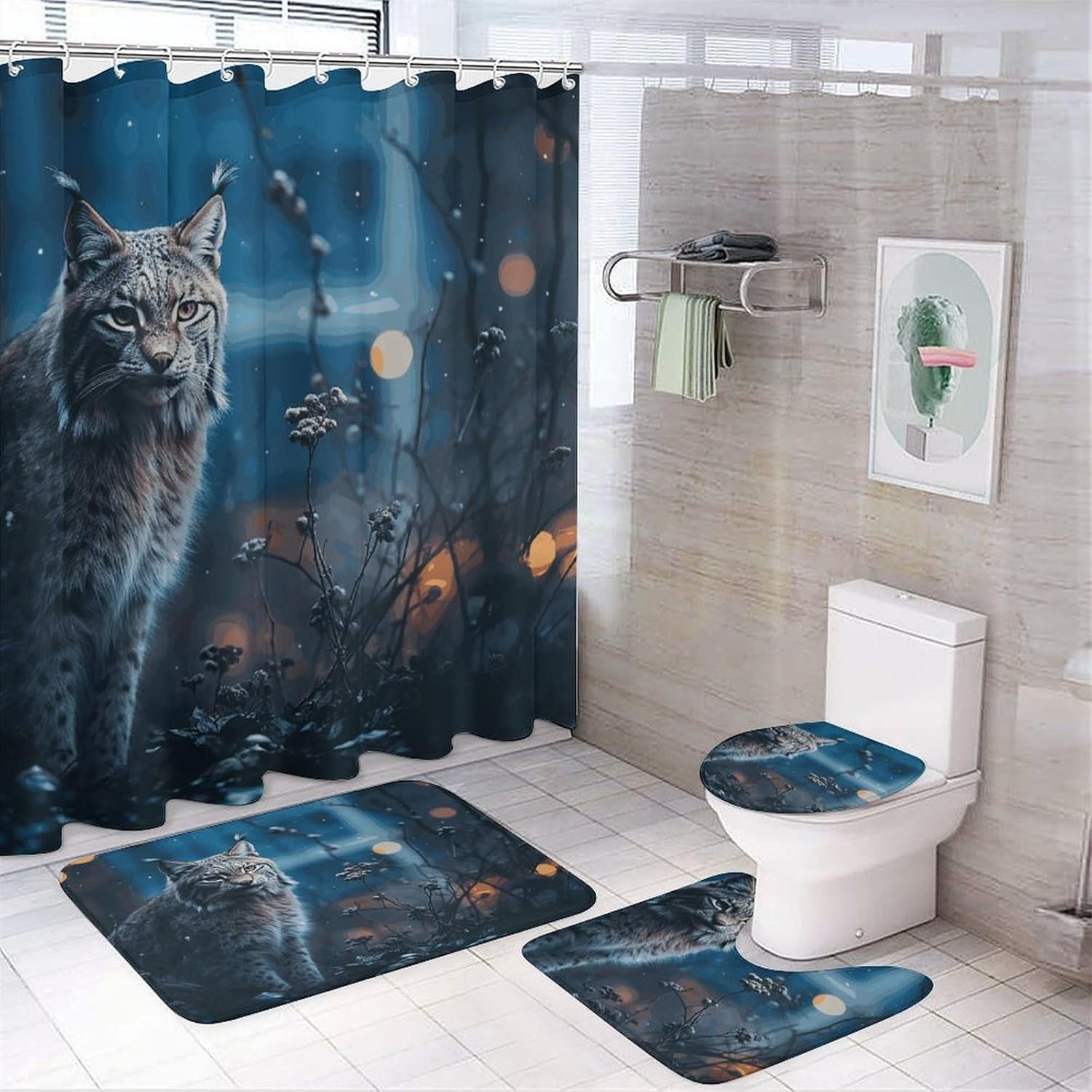 Female Lynx 4Pcs Shower Curtain Set with Non-Slip Rugs, Toilet Lid Cover and Bath Mat,Bathroom Set Decor Accessories,Curtain Set with 12 Hooks, 72 X 72 Inch