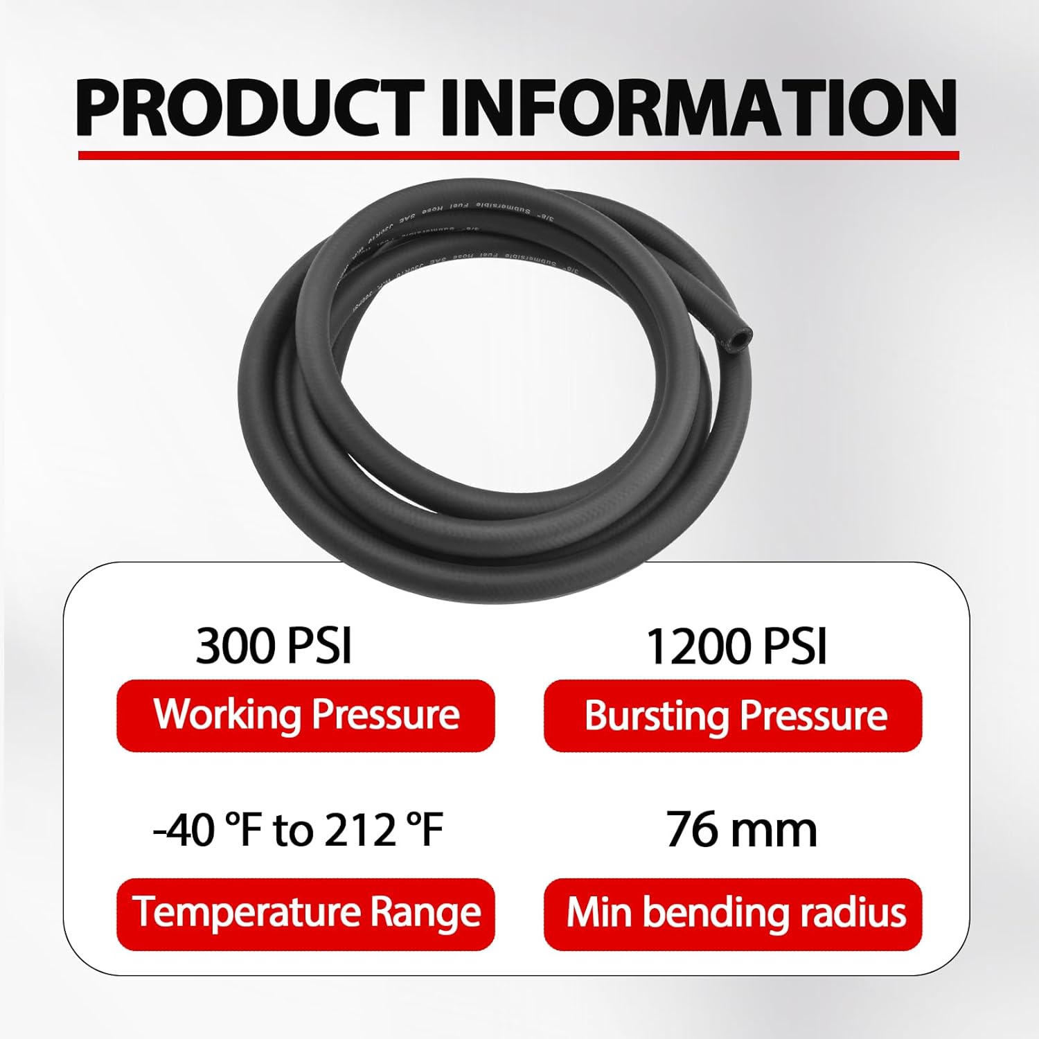 3/8" Submersible Fuel Hose SAE 30R10 Compatible E85 Gasoline Diesel Ethanol for Automotive Marine Fuel Systerm In-Tank Fuel Line, 300 PSI High Pressure with 4 Hose Clamps (3/8'' ID, 10 Ft)
