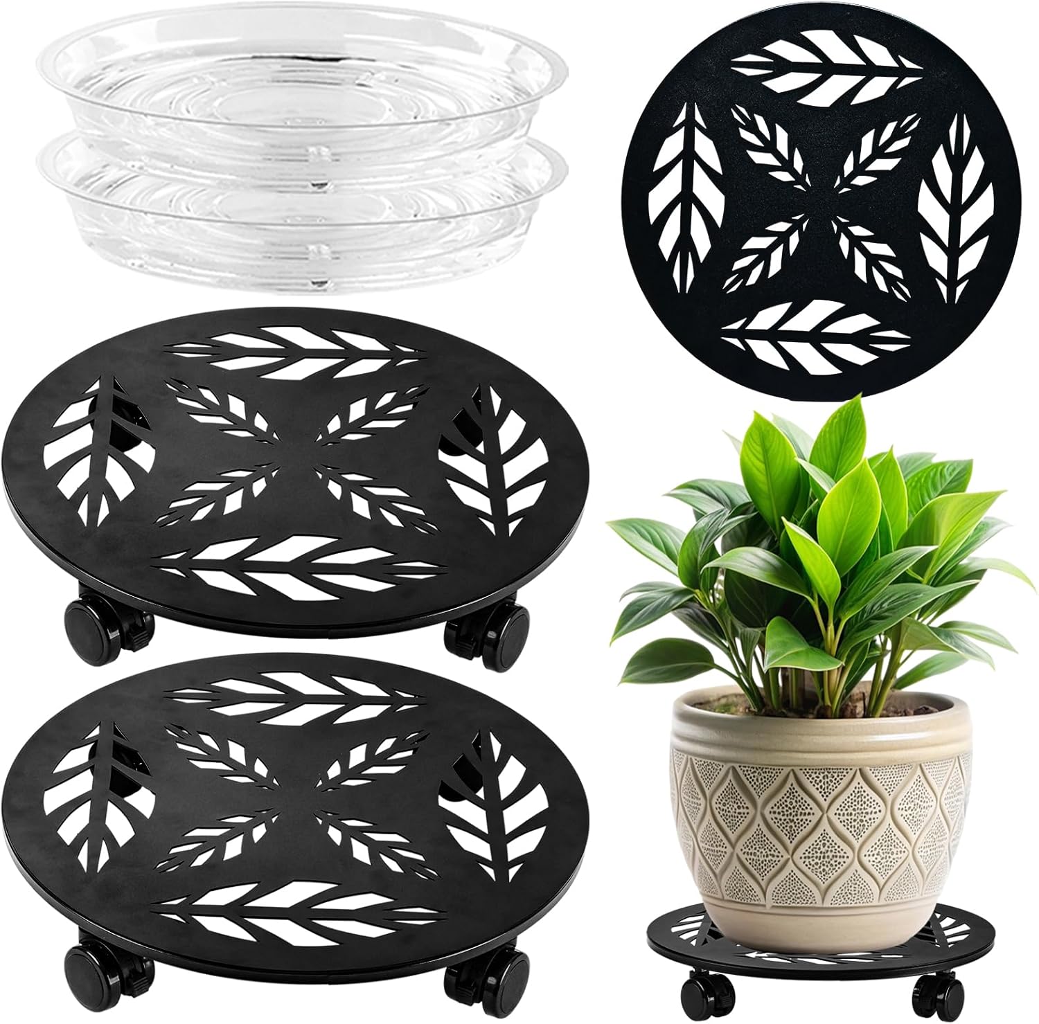 Planterhoma 2 Packs 14 Inch Rolling Plant Stand with Wheels Metal Plant Caddy with Wheels Heavy Duty Plant Rollers with Wheels Round Wrought Iron Plant Stand with Clear Saucers, Matte Black