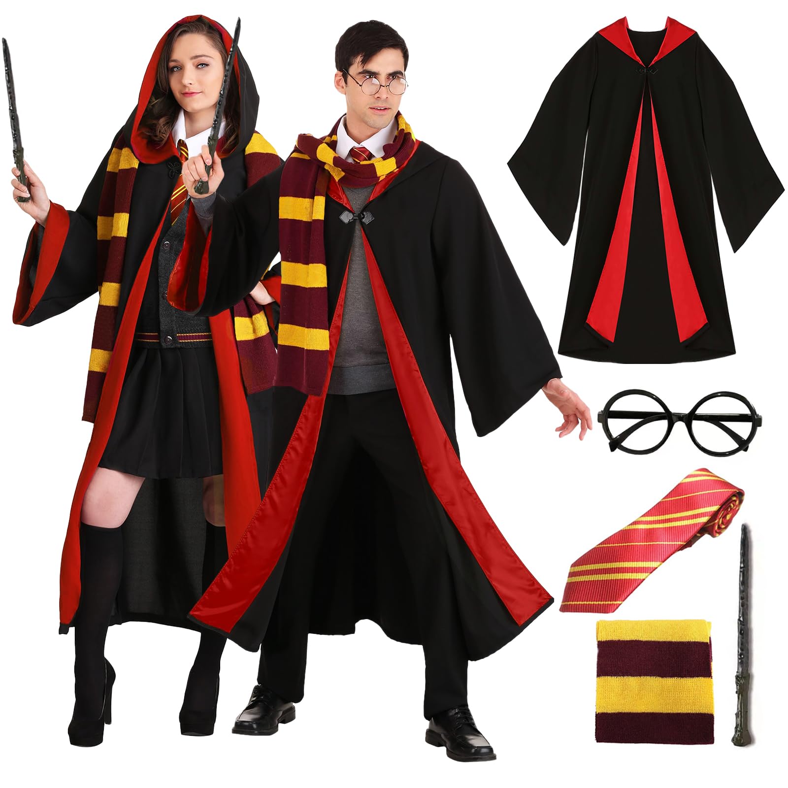 ATOWORLDWizard Costume Men Women with Wizard Cape Adult Tie Glasses Scarf Wand Costume Witch Halloween Cape Black Cosplay Magician Magic Costume Carnival Fancy Dress Costume