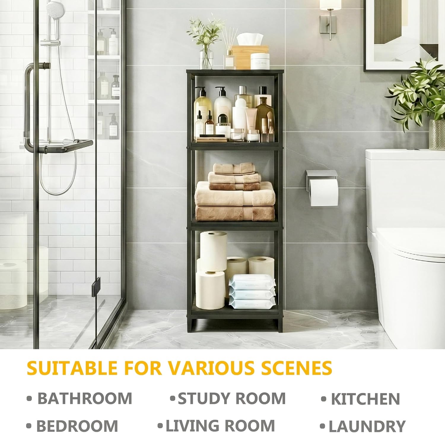 4-Tier Bathroom Shelving Unit, 33.7" H Narrow Open Floor Shelves, Metal Corner Slim Storage Rack for Bathroom Laundry Room Kitchen Living Room, Black