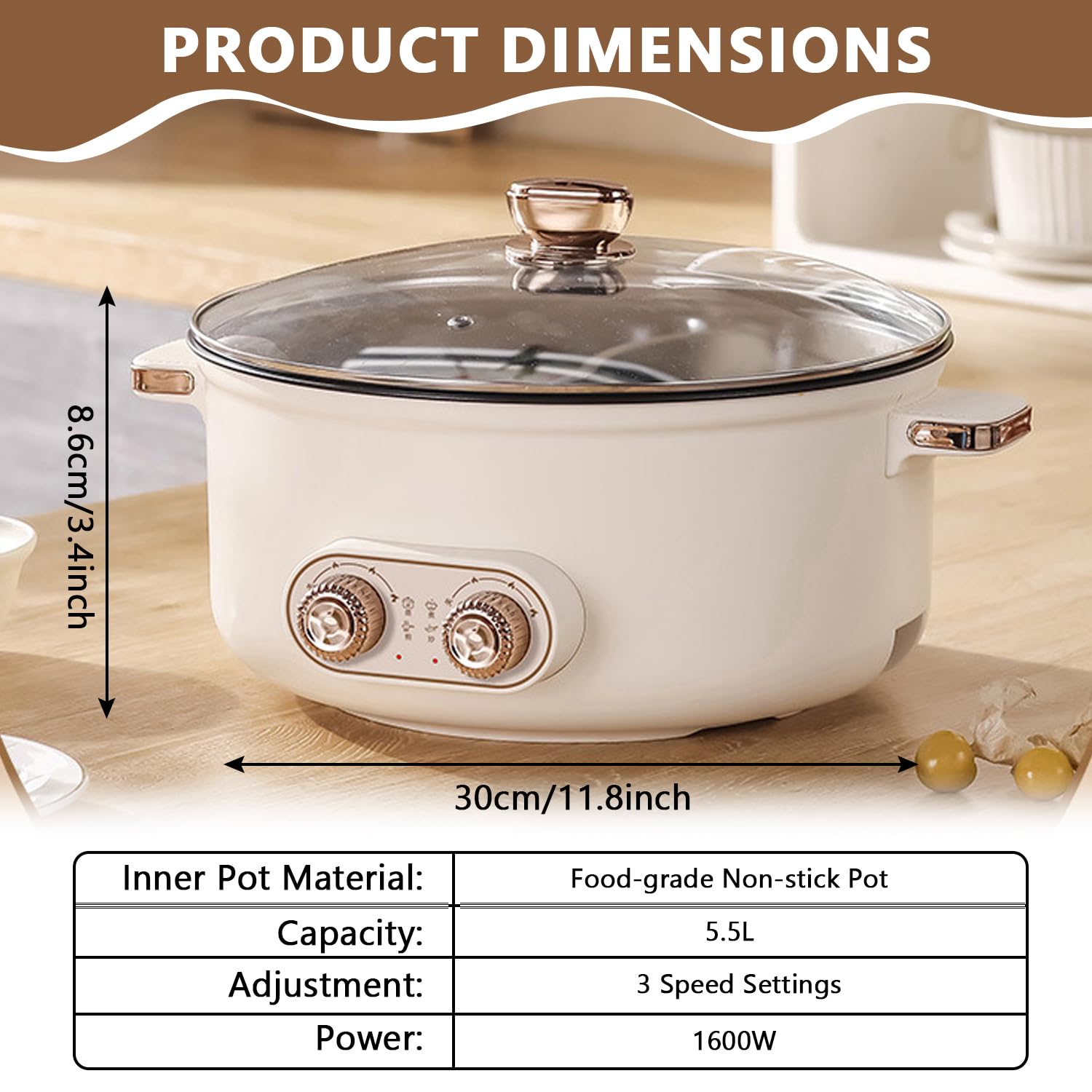 Hot Pot Elektrisch, 5.5L Doppelter Topf mit Zwei Reglern, 1600W Elektrischer Kochtopf mit Trennwand - 3 Speed Settings, Multifunktionale Hotpot für Braten Ramen Fondue und GemüSe Rühren
