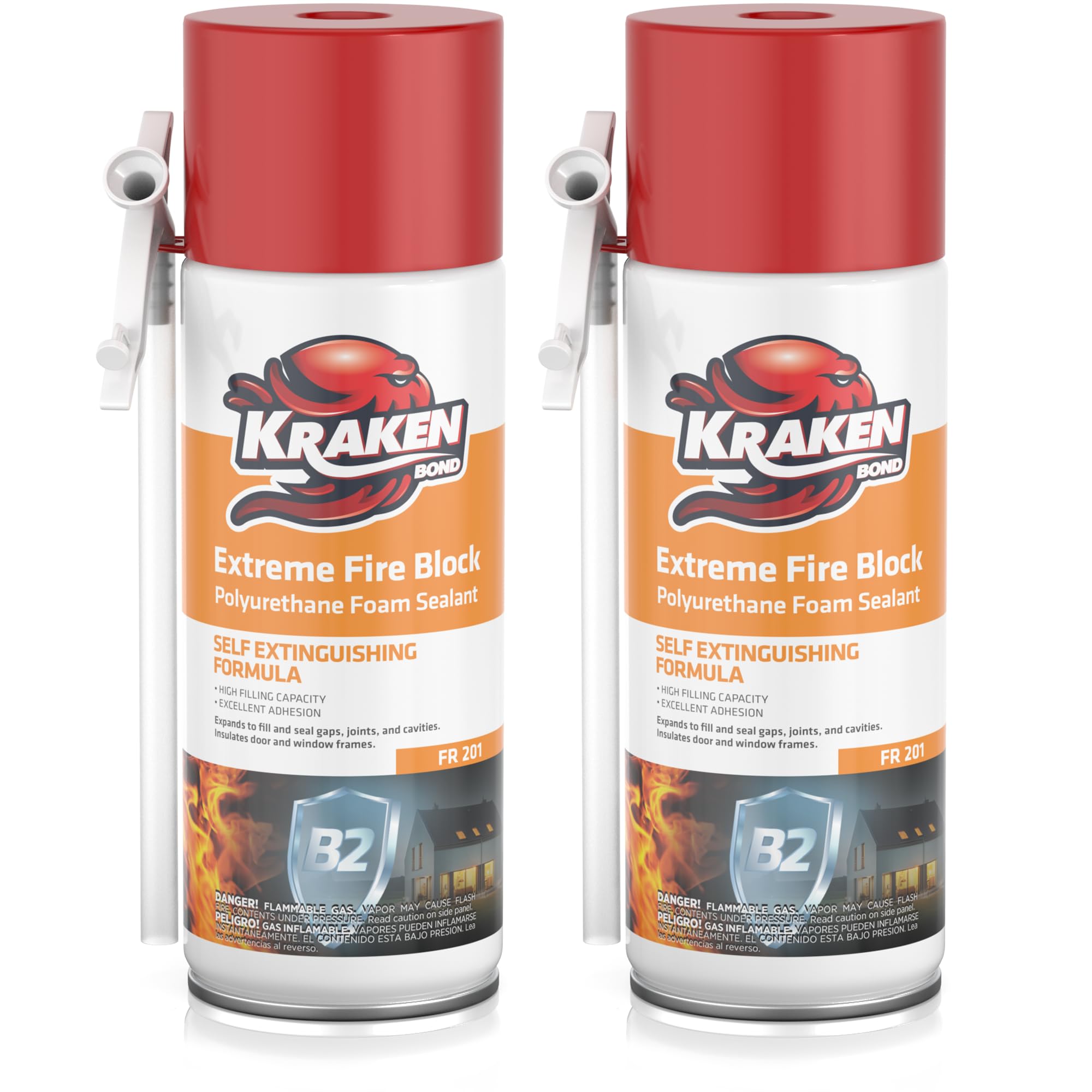 Kraken Bond Extreme Orange Fire Block Foam - (2x12oz) Fire Rated Polyurethane Spray for Gap Filling, Sealing on Windows, Walls, Joints & Pipes, Straw Use High Expansion Fire Proof Foam - 2 Pack