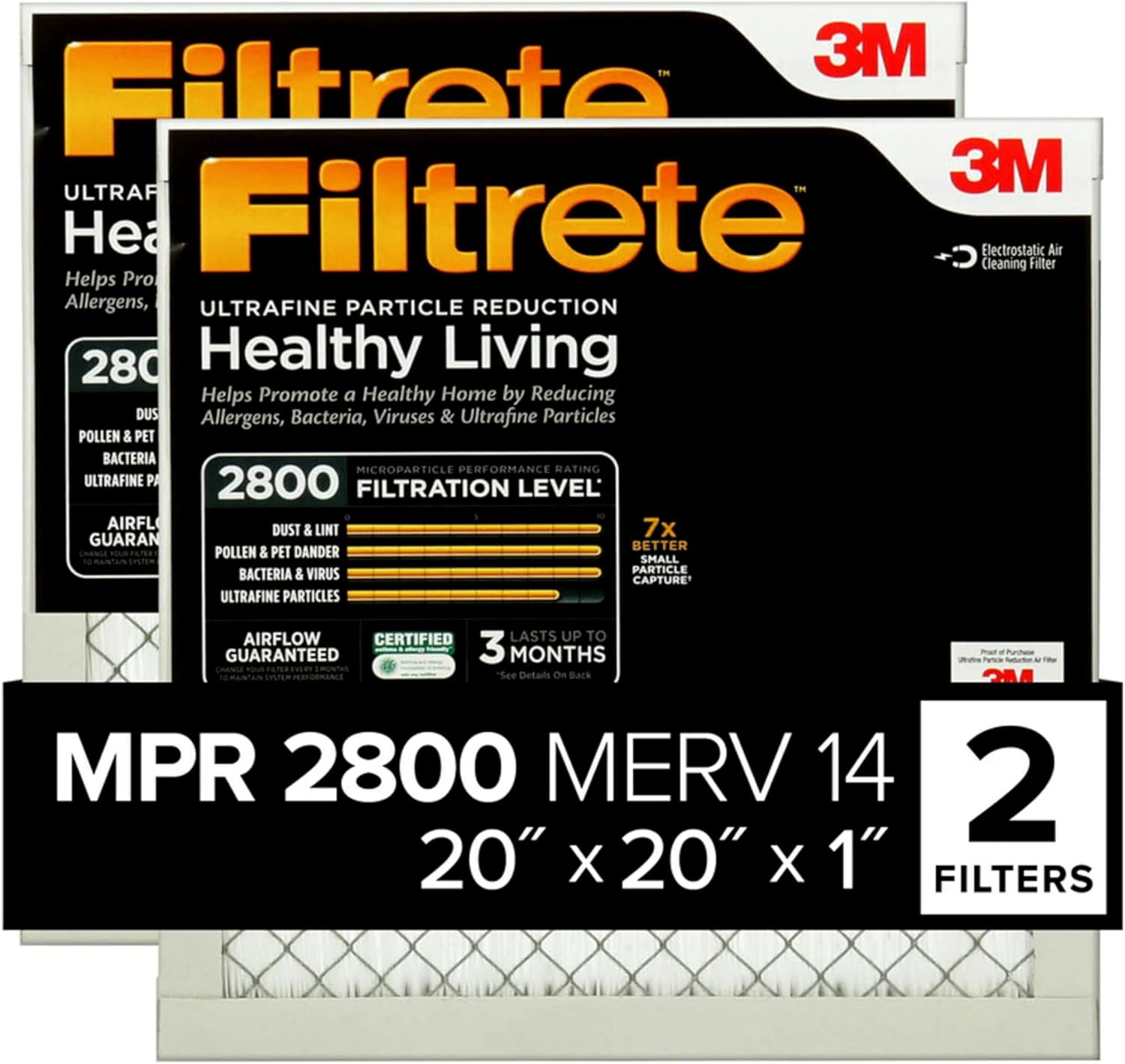 Filtrete 20x20x1 MPR 2800 MERV 14 Air Filters (2-Pack) - Ultrafine Particle Reduction, Virus Capture, Asthma & Allergy Certified Furnace Filters
