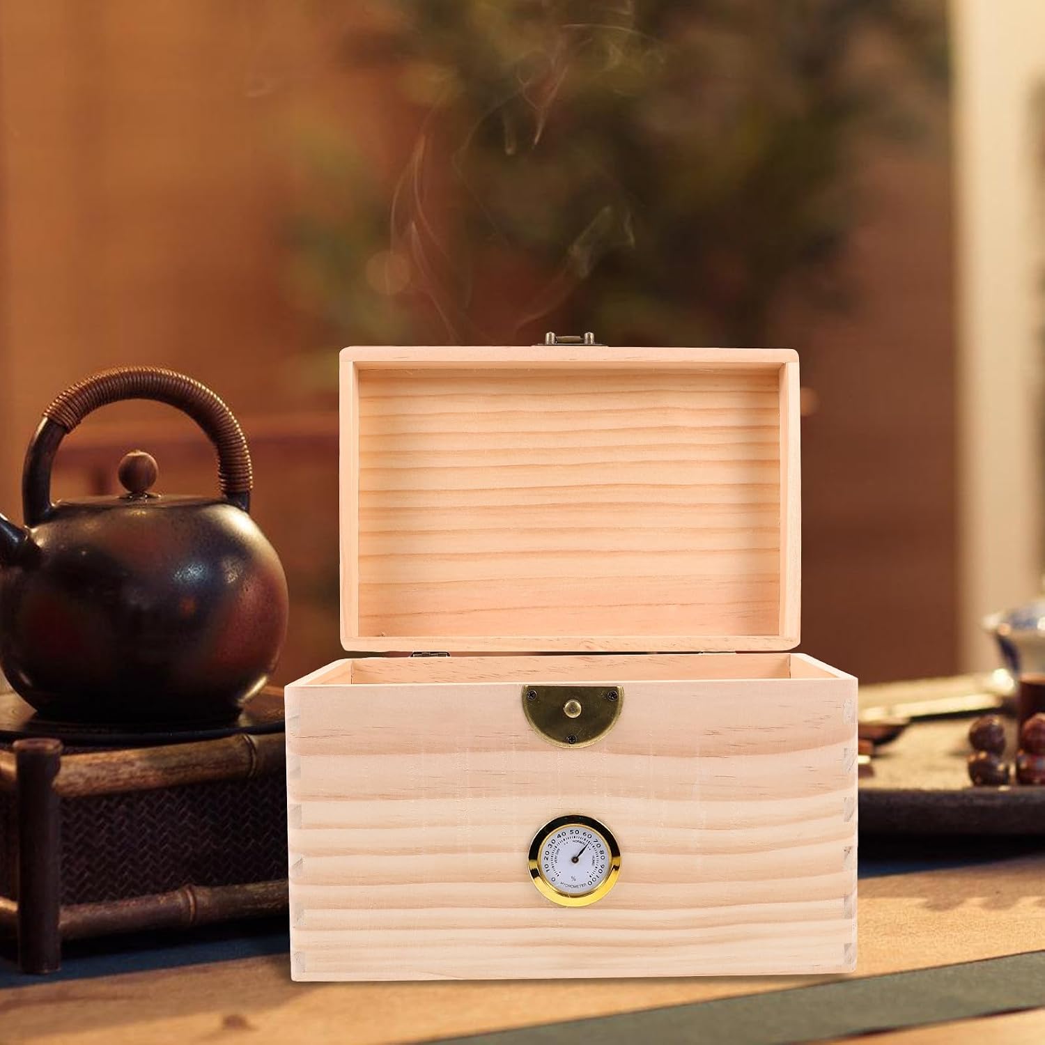 Wooden Tea Storage Box Organizer with Hygrometer Small Size Unpainted Wood Tea Holder Chest Kitchen Counter Organizer