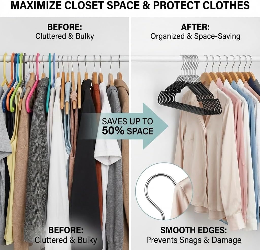 24-Pack Metal Hangers with Shoulder Notch - Heavy Duty Wire Clothes Hangers, Ultra-Thin Stainless Steel, Non-Slip, Space-Saving Coat Hangers for Home, and Hotels - Rust-Resistant and Durable
