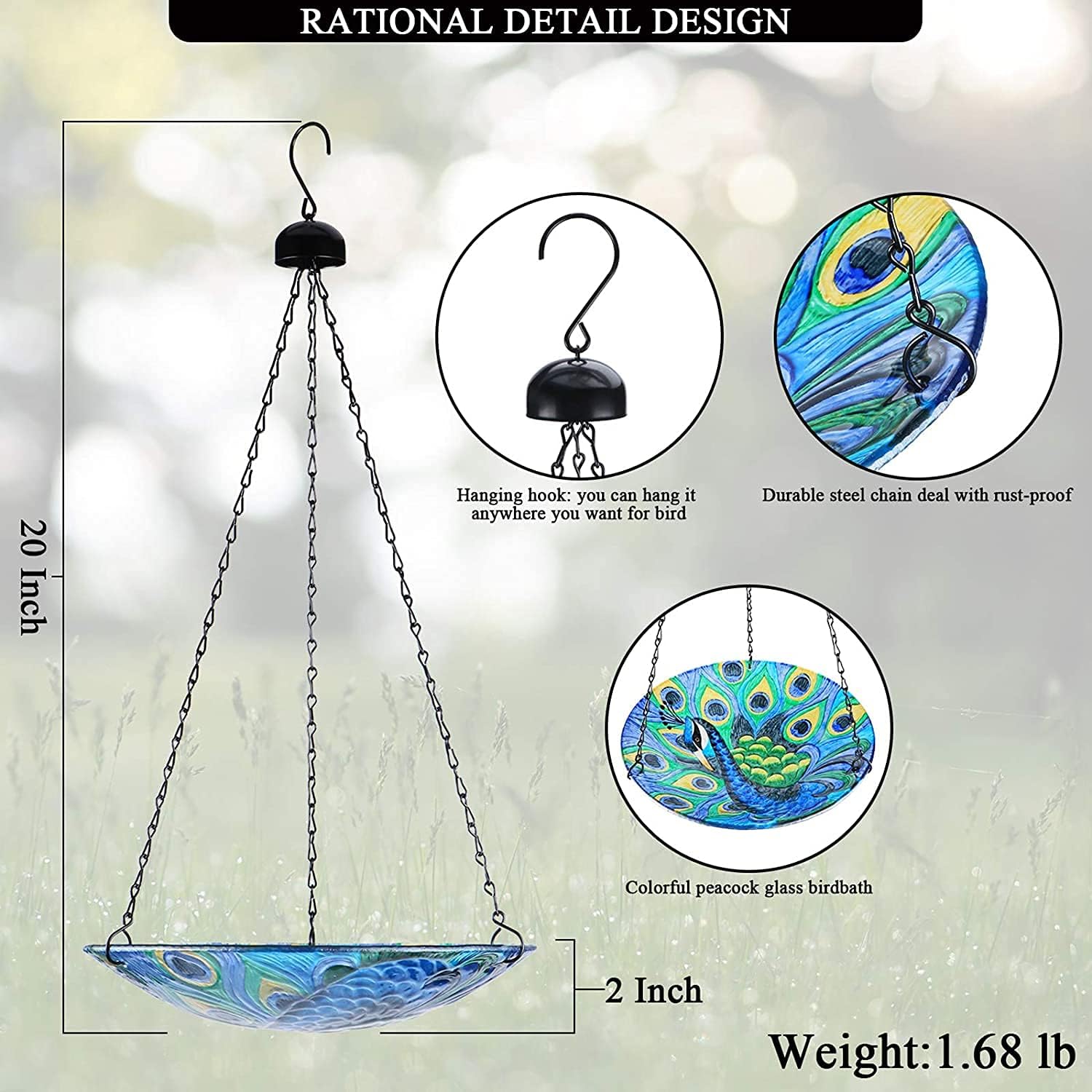 VCUTEKA Bird Bath Hanging for Outdoor Glass Small Bird Feeder Bowl Garden Decoration 11 Inch Peacock (Peacock 1)