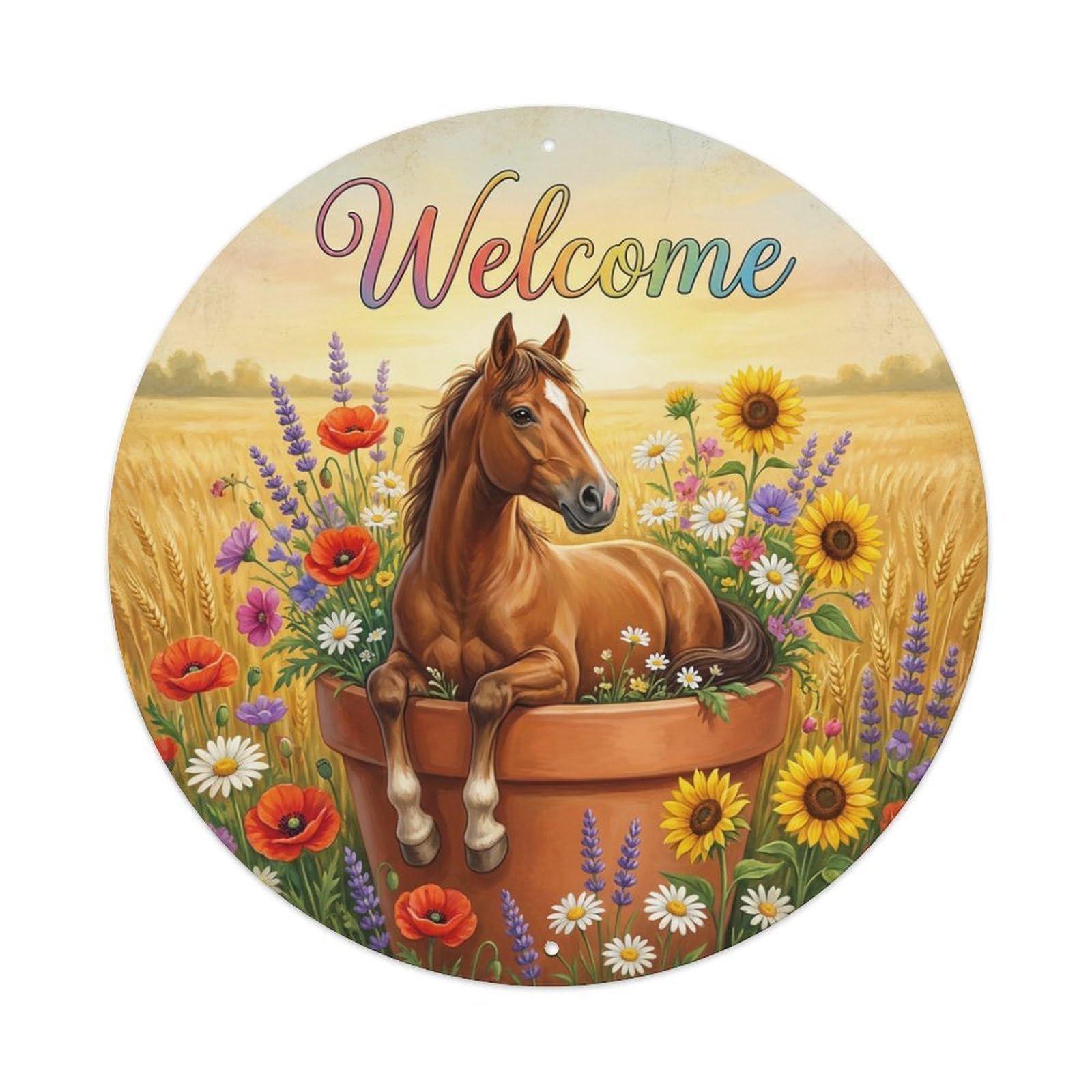 Metal Tin Sign Welcome Horse Wildflower Field