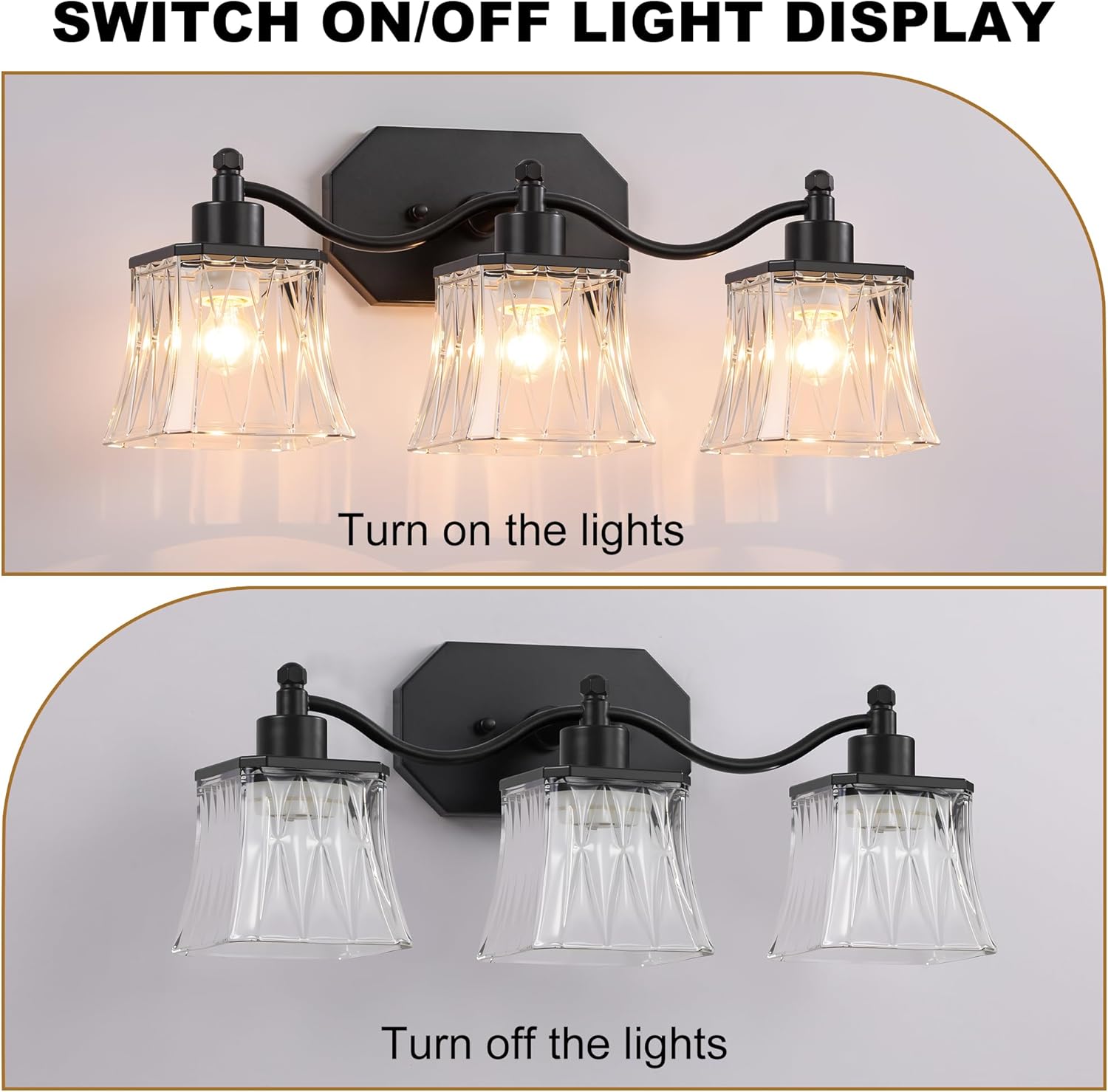 Bathroom Vanity Light Fixtures, 3-Light Vintage Matte Black Vanity Lights with Crystal Glass Shades, Farmhouse Bathroom Lighting Fixtures Over Mirror for Bathroom Bedroom Hallway