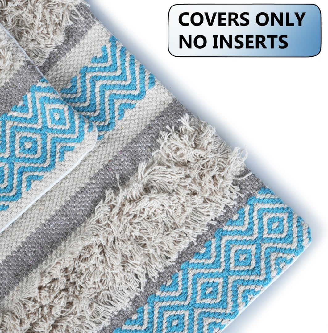 Farmhouse 100% Cotton Throw Pillow Cover 18" X 18" Tufted Sandy Beige and Aqua Turquoise Blue Rug Boho Country Woven Design Decorative Pillowcase Cushion Cover Living room, Sofa Couch Bedroom Set of 2
