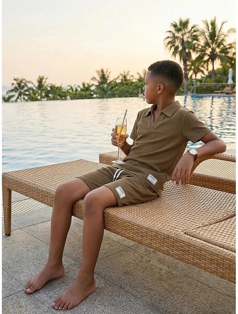 Boys 2 Piece Summer Outfits Waffle Knit Polo Shirt and Shorts Set for Beach Vacation