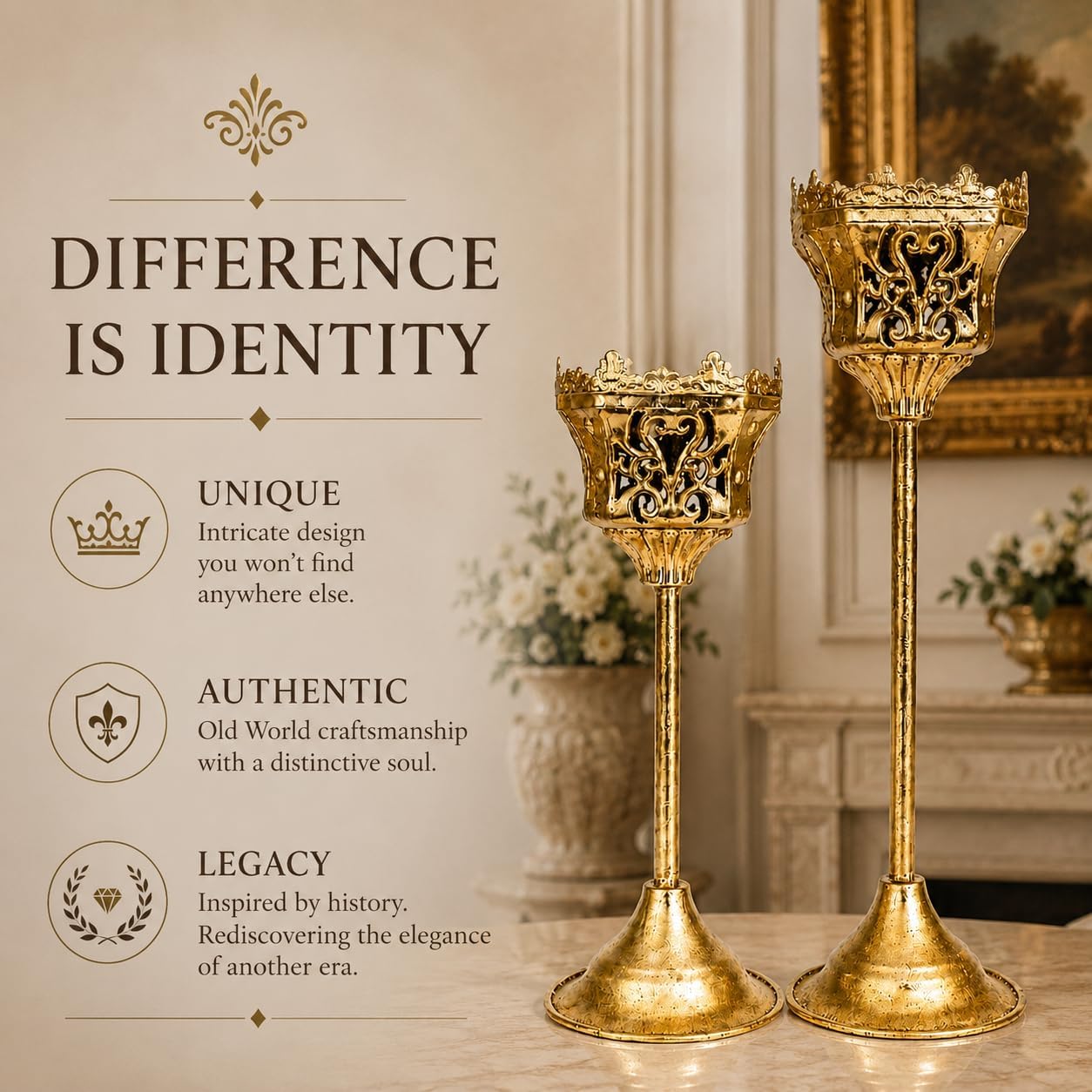 CROWSONG Tall Pillar Candle Holders Set of 2 – Baroque Crown Design | Antique Gold Iron, 14.2" & 11.8" | Victorian Mantel & Centerpiece Décor (Candles Not Included)