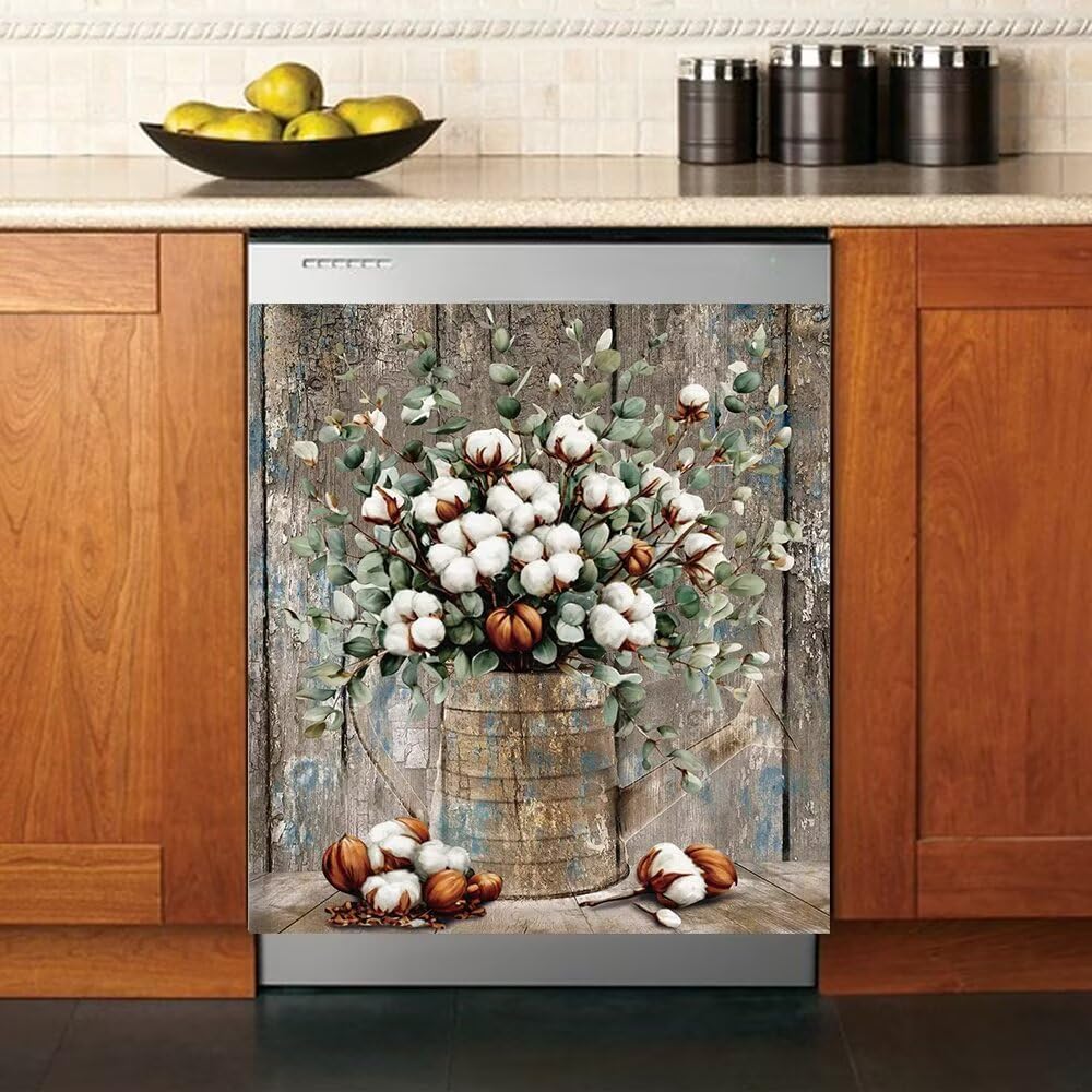 Vintage Wood Dishwasher Magnetic Cover for Front,Cotton Flower Magnet Decor Dishwasher Covers,Floral Vinyl Dishwasher Door Panel Decal,Refrigerator Magnetic Kitchen Decor,23" x 26"