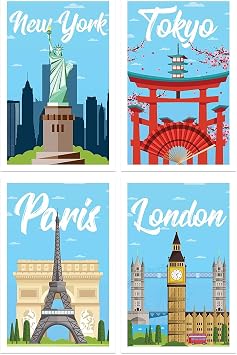 Damdekoli Travel Posters - Set of 4 - Wall Art Print Decor - New York - London - Tokyo - Paris 18 x 24 Inches