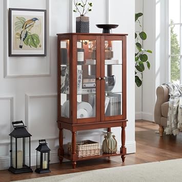Lighted Corner Curio Display Cabinet with Adjustable Tempered Glass Shelves, Acrylic Mirrored Back Panel, Open Storage Space & Solid Wood Legs, Secure Glass Doors Cabinet Walnut