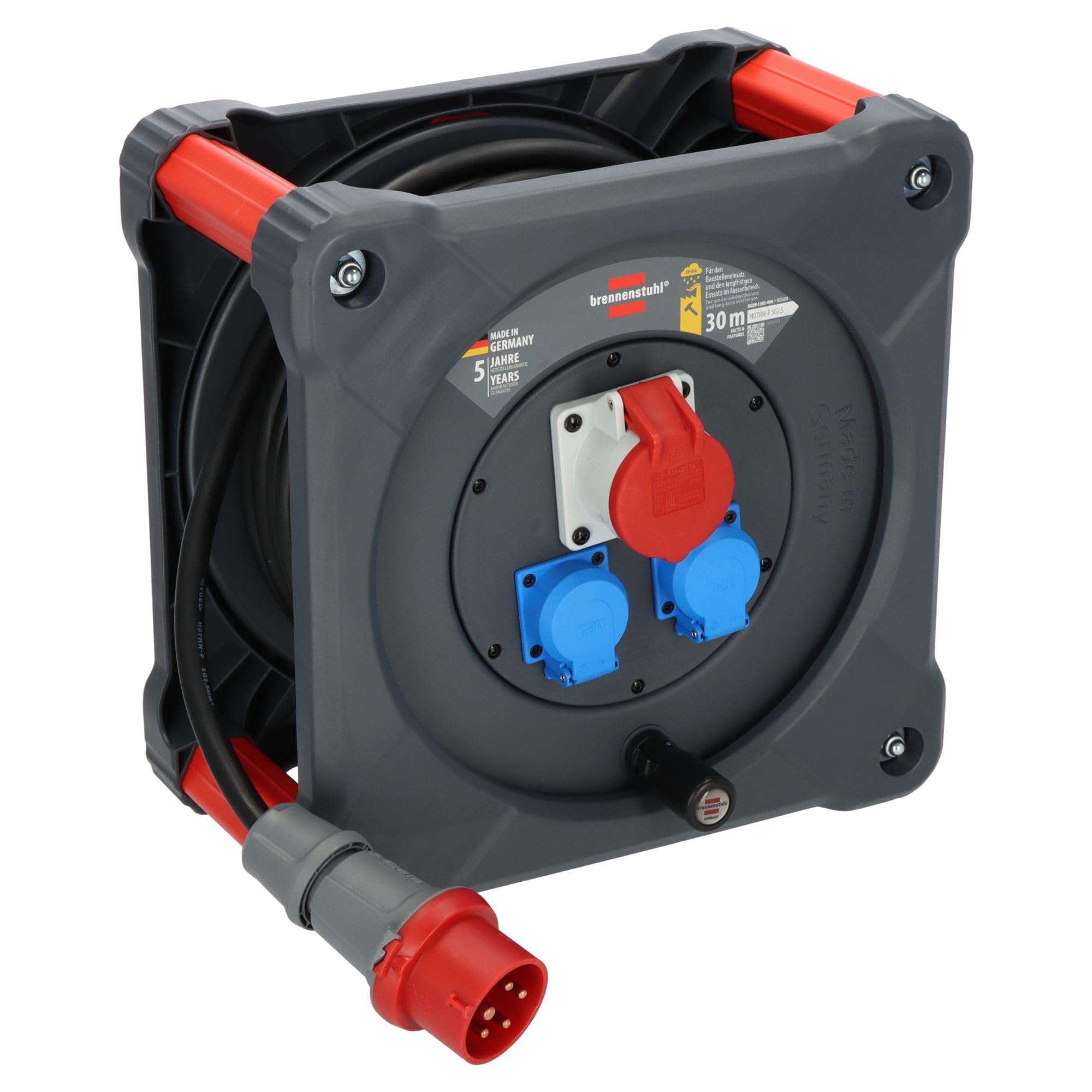 Brennenstuhl Professional KD 3200 C1 Enrouleur de câble de chantier avec prise CEE, prise CEE et 2 prises murales de protection (câble de 30 m en noir, utilisation permanente en extérieur, fabriqué en