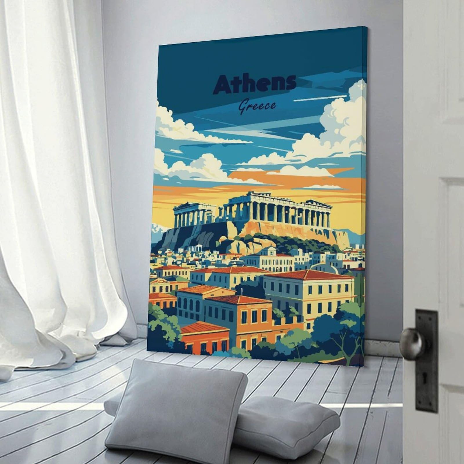 Junmoney Athens Greece Travel Decorative Canvas Print 20x30inch(50x75cm), for Study, Office Or Focused Interiors, Wall Art That Adds Style to Work Areas