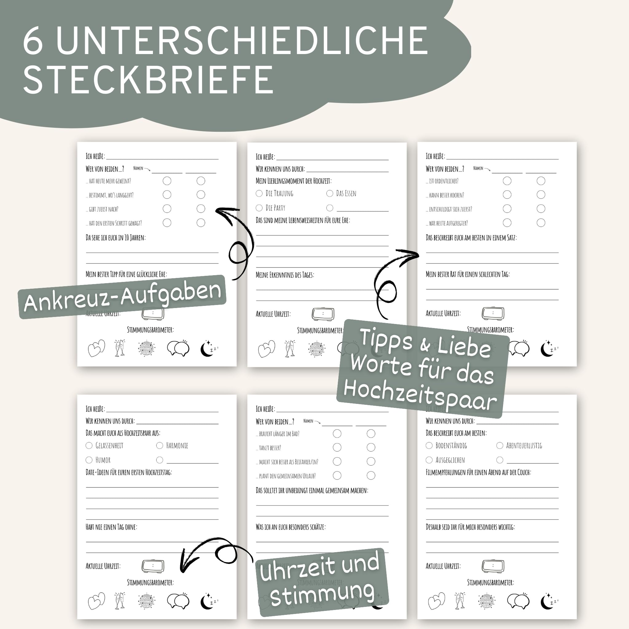 Fotoaufgaben & Gästebuch Hochzeit mit Fragen | Set für 100 Gäste | 100 Aufgabenkarten & Platz für bis zu 100 Gäste | Modernes, Schlichtes Design | Nachhaltig produziert