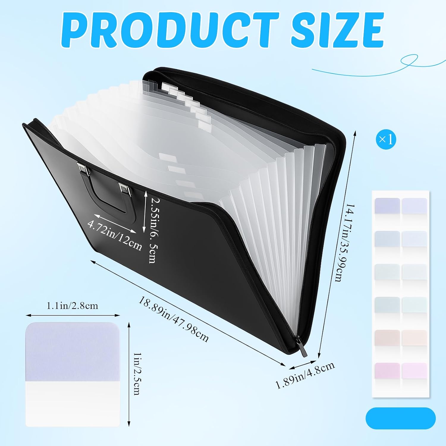 1 pack 11 x 17 art portfolios, expanding file organizer with 13 pocket for artwork, painting document binder with handle, zipper and 120 pcs sticky labels, oxford cloth edge (black) black 1