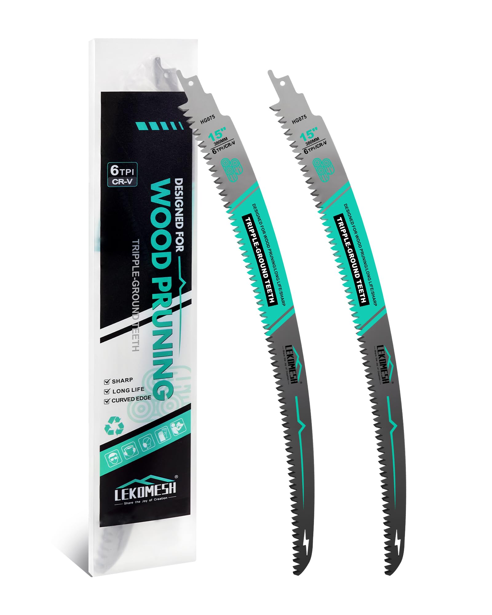 LEKOMESH 380MM Japanese Teeth Reciprocating Saw Blades Wood Pruning - 2pcs Curved Edge 6TPI for Tree Trimming, Wood/PVC Pipe Cutting, Cr-V Sabre Blades Better Wear Resistance