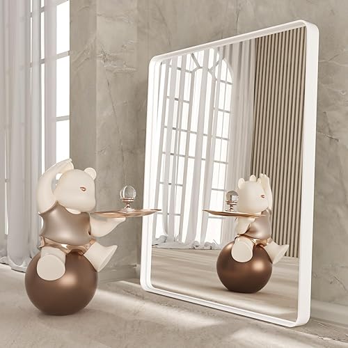 Miniatura 5 de Espejo de tocador de baño blanco de 28 x 36 pulgadas, espejo rectangular redondeado blanco mate para pared de baño, vidrio templado, horizontal o