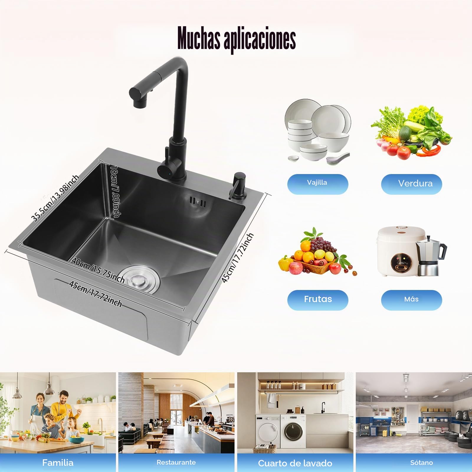 Fregadero de acero inoxidable 45 x 45 cm, fregadero de cocina 1 seno, fregadero negro con grifo extraíble, fregadero empotrado, con dispensador de jabón, cesta filtrante, tubo de drenaje