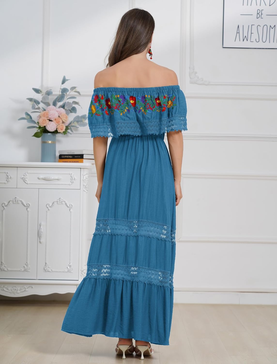 Mexican Dress for Women Traditional Off Shoulder Embroidered Present Casual Lace Long Maxi Dress Cinco de Mayo Outfit - Image 2