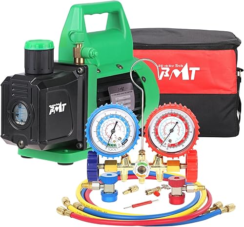 PB Motor Tech - Juego de bomba de vacío y calibre  Bomba de 4.5 CFM con manómetro de colector de latón, acopladores rápidos, adaptador 410,