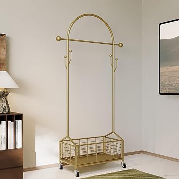 Metal Rolling Clothes Rack with Storage Basket - Heavy Duty Garment Rack with Hooks and Swivel Casters for Bedroom, living room, Entryway Gold/Black/WhiteGold,60cm/23.6in