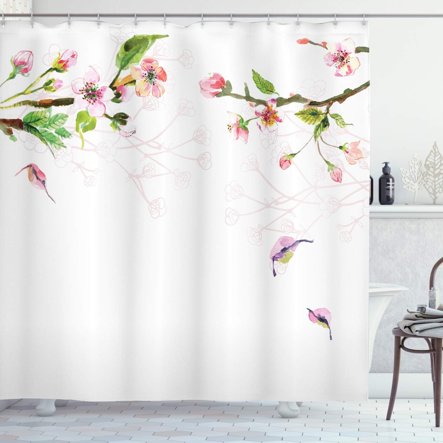 Ambesonne Watercolor Shower Curtain, Apple Tree Blooming in Spring Season Branches Falling Leaves Romantic, Cloth Fabric Bathroom Decor Set with Hooks, 69" W x 75" L, Pale Pink Green