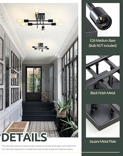 Miniatura 10 de Lámpara de techo semiempotrada de 6 luces, níquel cepillado industrial cerca del techo, moderna base E26 Sputnik lámpara de techo para cocina,