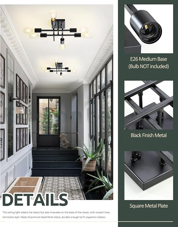 Industrial Black 6-Light Semi Flush Mount Ceiling Light Fixtures 1 Pack and 2 Pack