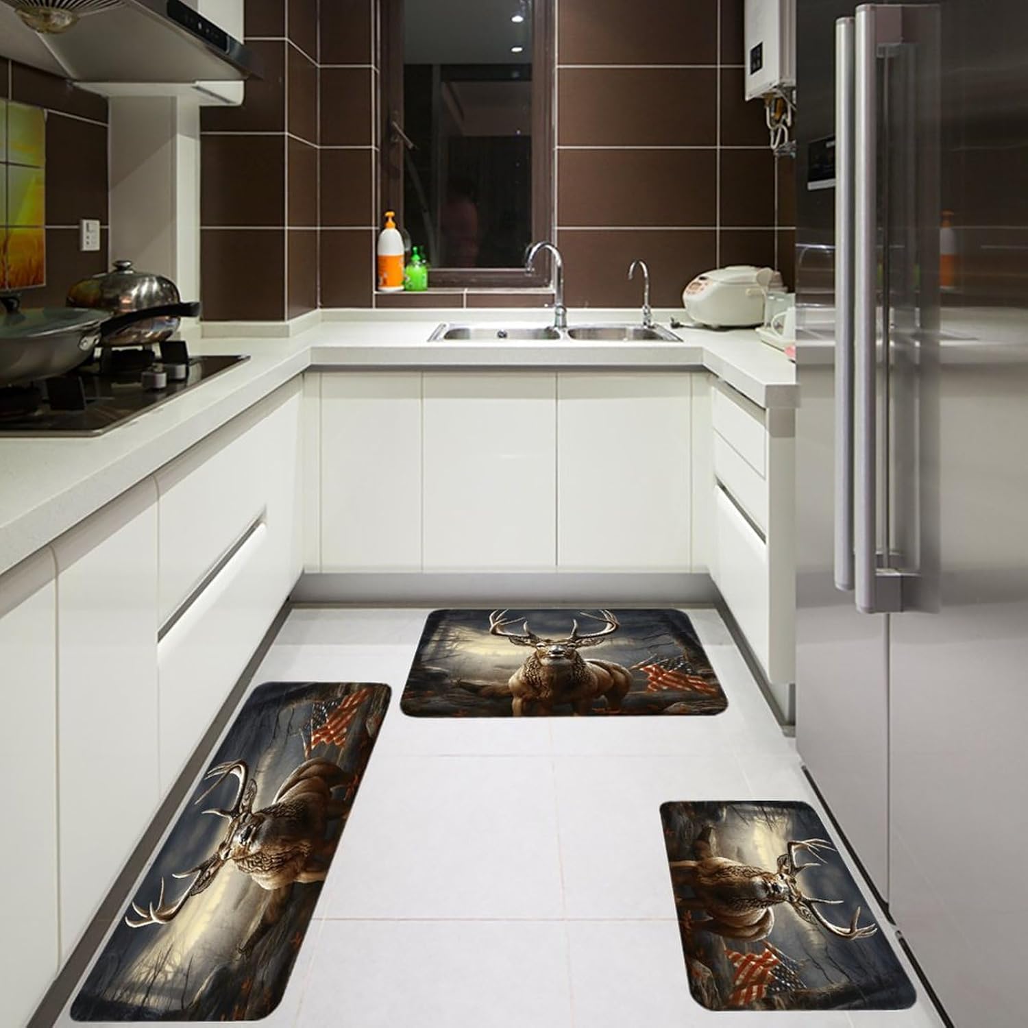Deer Hunting Season Kitchen Rugs Sets of 3 Non Slip Kitchen Mats for Floor Farmhouse Kitchen Sink Mat Thick Comfort Standing Mat for Laundry Room Hallway Bathroom