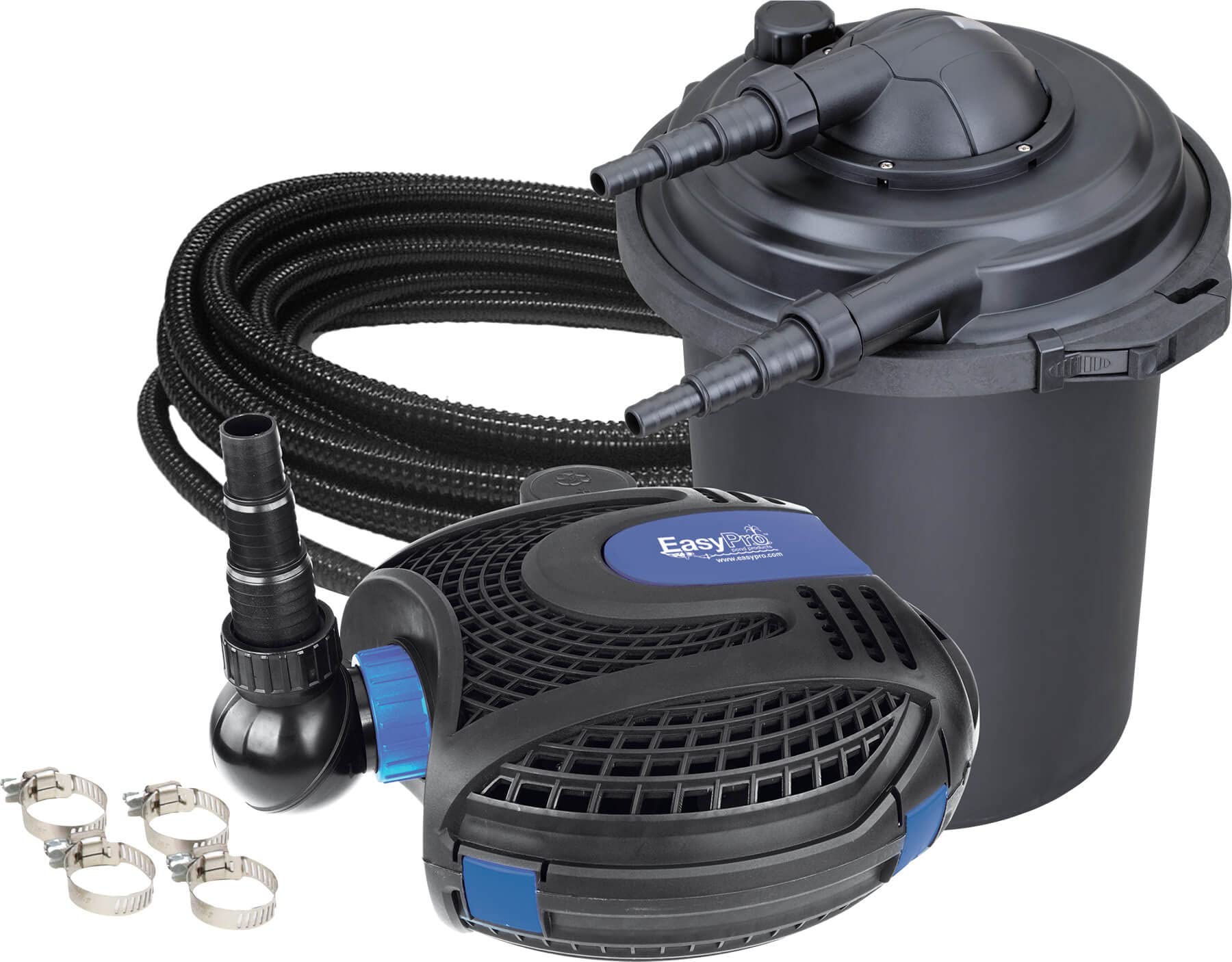 EasyPro ECK13U Eco-Clear Complete Pond Filtration System | Contains EC1300U Filter | EPS1300 Eco-Clear Submersible Pump | 10 feet of 1″ kink-free tubing | 4 clamps | For ponds up to 1300 Gallons