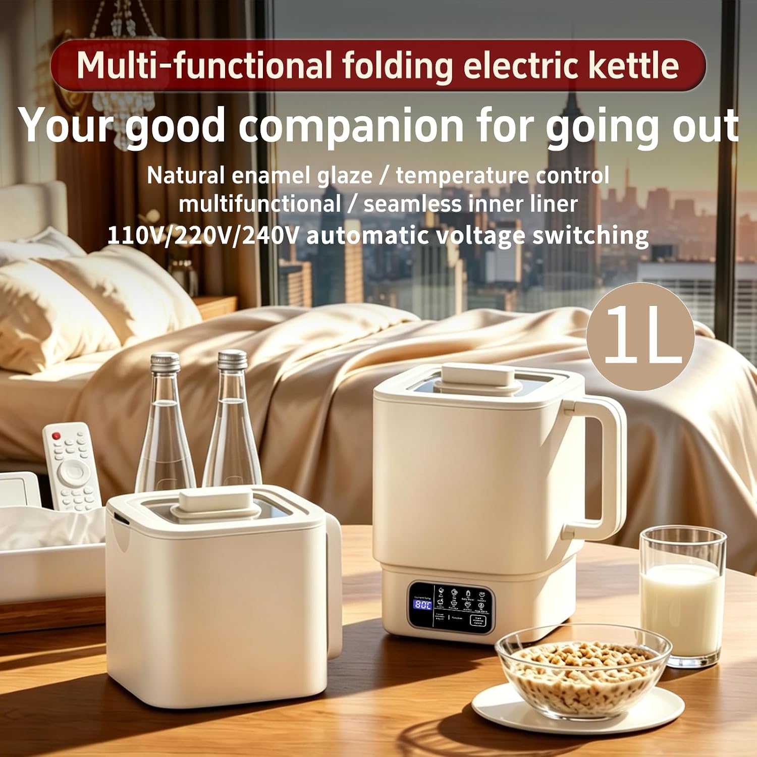 Portable Electric Kettle with Temp Control,Foldable 1L Travel Kettle,550W 110-240V,w/Convertible US/EU Plug,Porcelain Enamel No Metal Taste,8 Preset Programs Digital Display