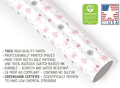 Miniatura 4 de Papel de regalo grueso de fantasma rosa lindo para decoración de Halloween, papel de regalo para niños con temática de araña de otoño (rollo de 12