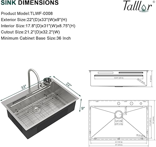 Miniatura 5 de Fregadero de cocina en cascada de 33 pulgadas  Fregadero de cocina inteligente de 33 x 22 pulgadas, estación de trabajo, montaje superior, calibre