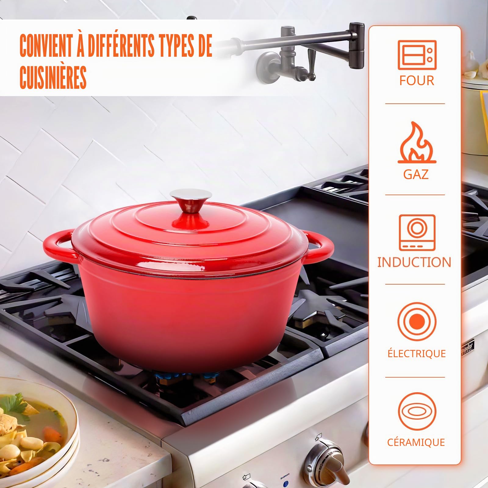 Casserole en fonte émaillée de 28 cm avec couvercle, four hollandais pour tous types de cuisines et induction, accessoires ronds pour pain