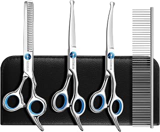 SCEDREAM 5-in-1 Dog Grooming Scissors Set with Safety Round Tips - Professional Curved, Straight & Thinning Shears for Dogs & Cats