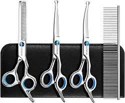 Tesoura De Tosa Para Cães 5 Em 1 Azul, Pontas Redondas De Segurança, Tesoura Curva, Aço Inoxidável