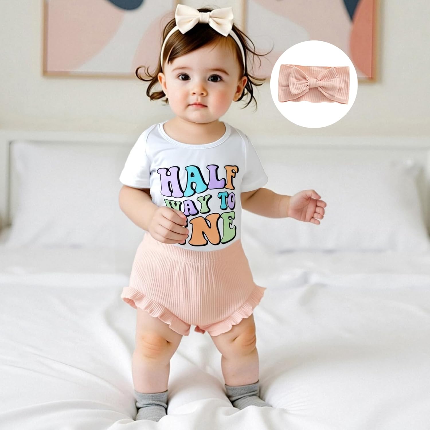 Baby Girl Half Birthday Outfit Half Way To One Short Sleeve Romper Ribbed Ruffle Shorts Headband 1/2 Birthday - Image 3